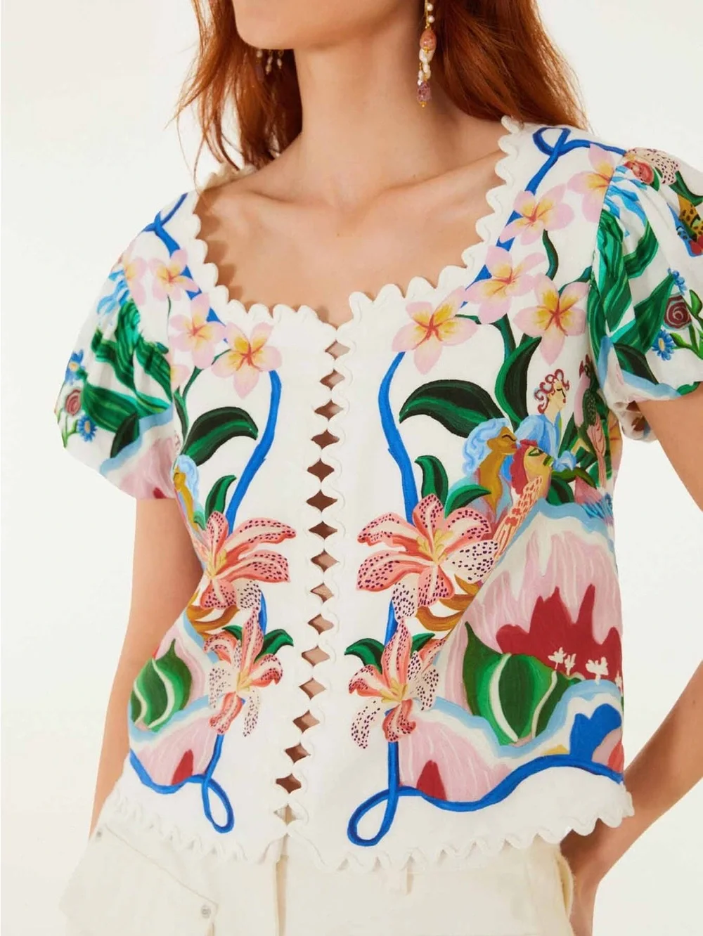 NWT Farm Rio Garden of Life Scalloped Linen Blend Blouse Size S